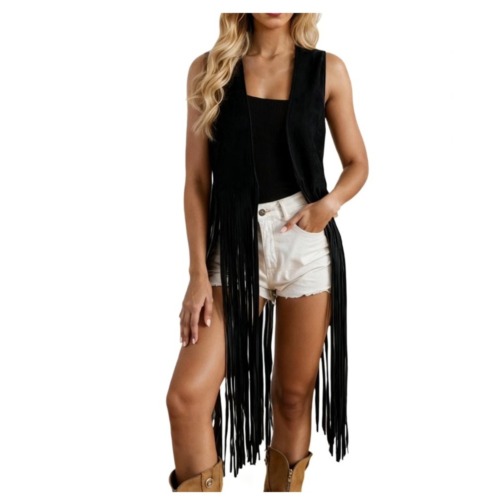 Beyove Fringe Vest Womens Small Black Western Boho Tassel Long Cardigan
